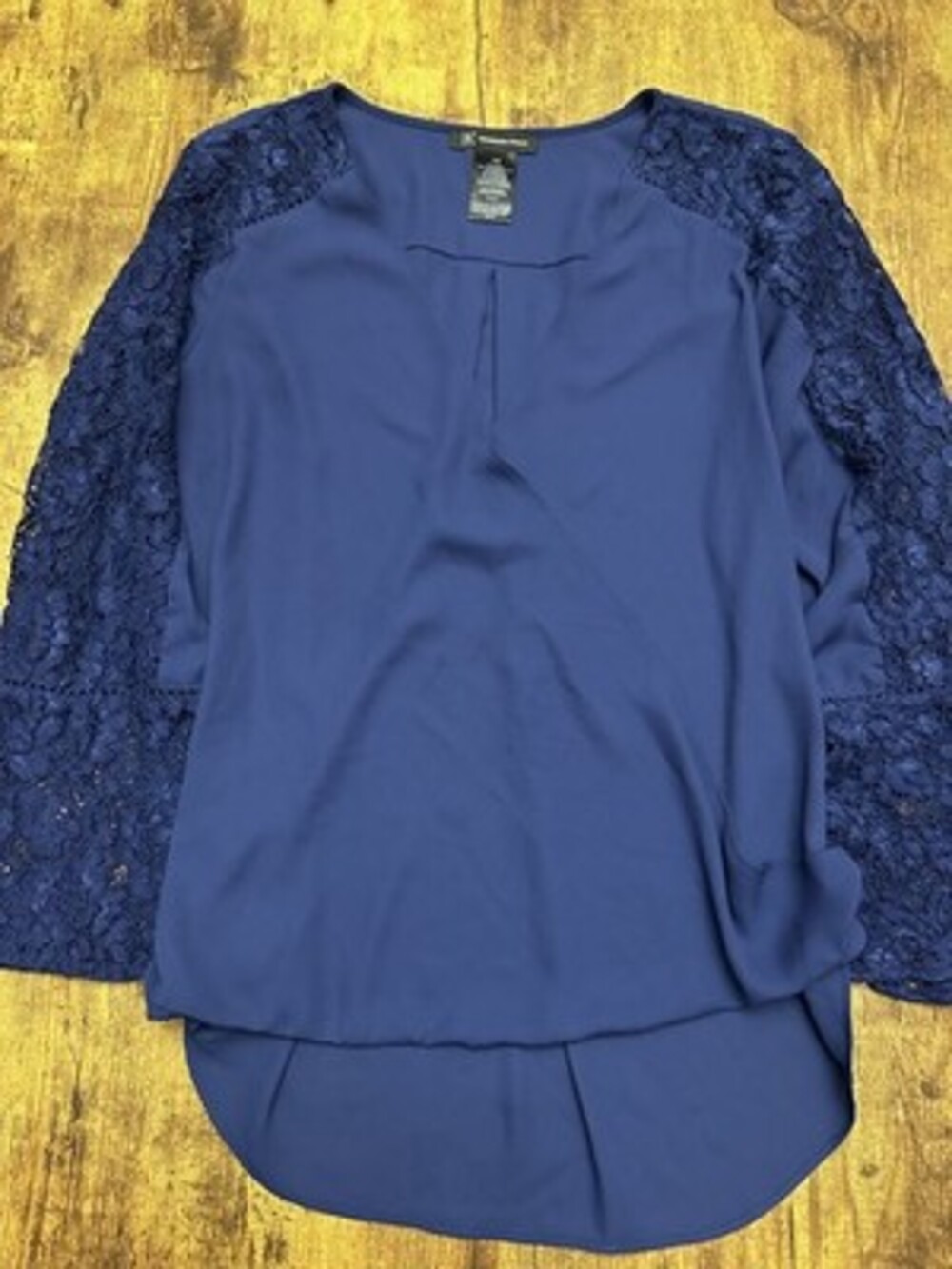 INC International Concepts Blue Lace Sleeve Surplice Blouse